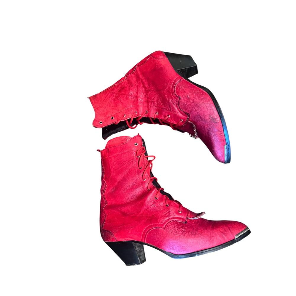 Vintage Witchy Red Leather Lace-Up Kiltie Roper Boots – Western Cowgirl Style 8 - Picture 11 of 12